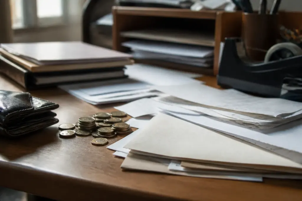 Billets, pieces et documents contractuels sur bureau