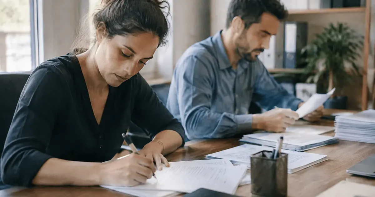 Employes assis a bureaux remplissant formulaires administratives