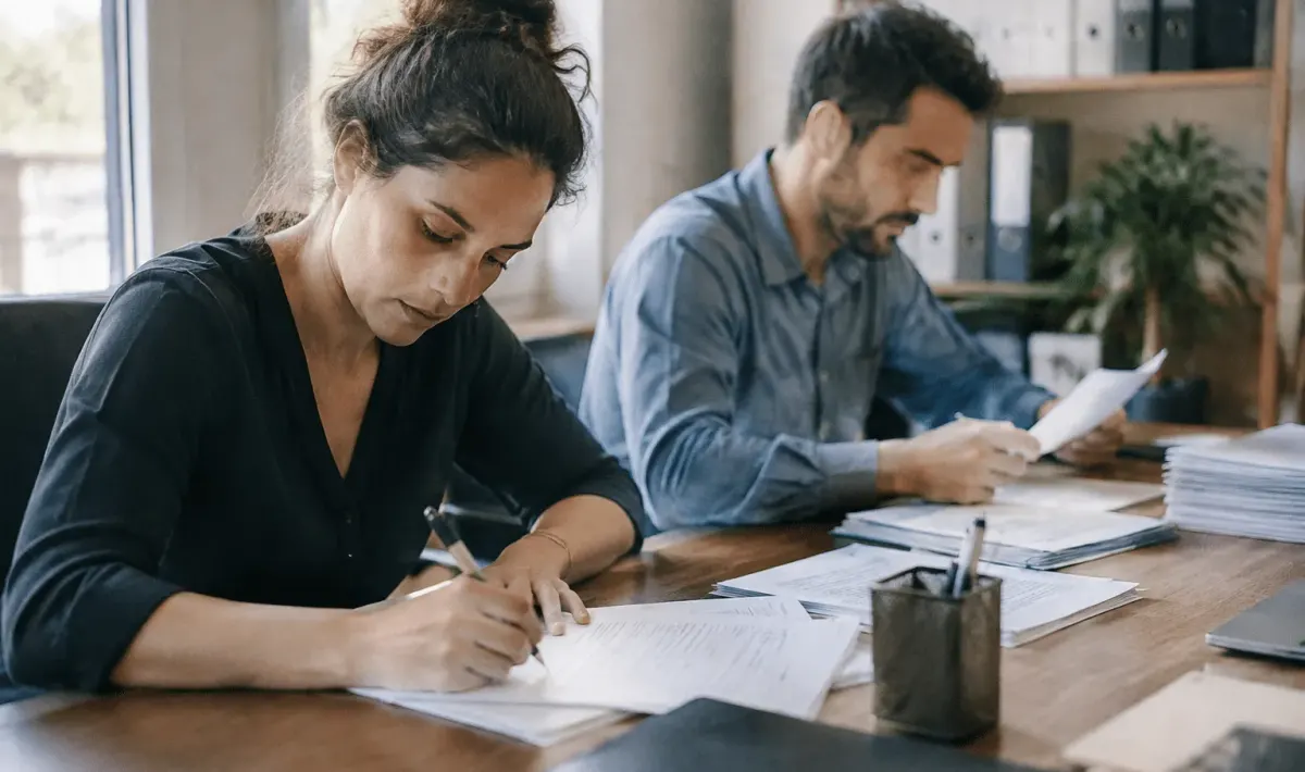 Employes assis a bureaux remplissant formulaires administratives