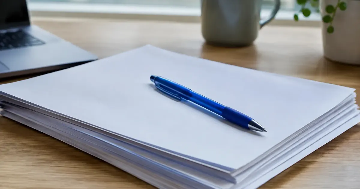 Feuilles contrat empilees stylo bleu position diagonale