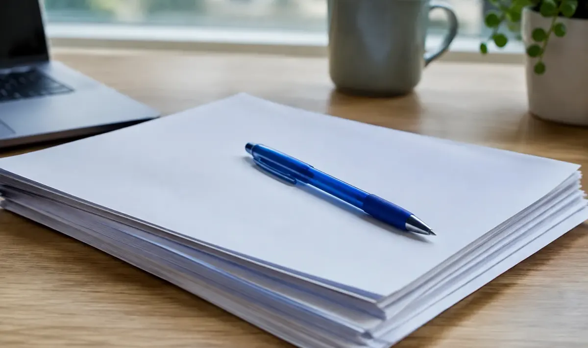 Feuilles contrat empilees stylo bleu position diagonale