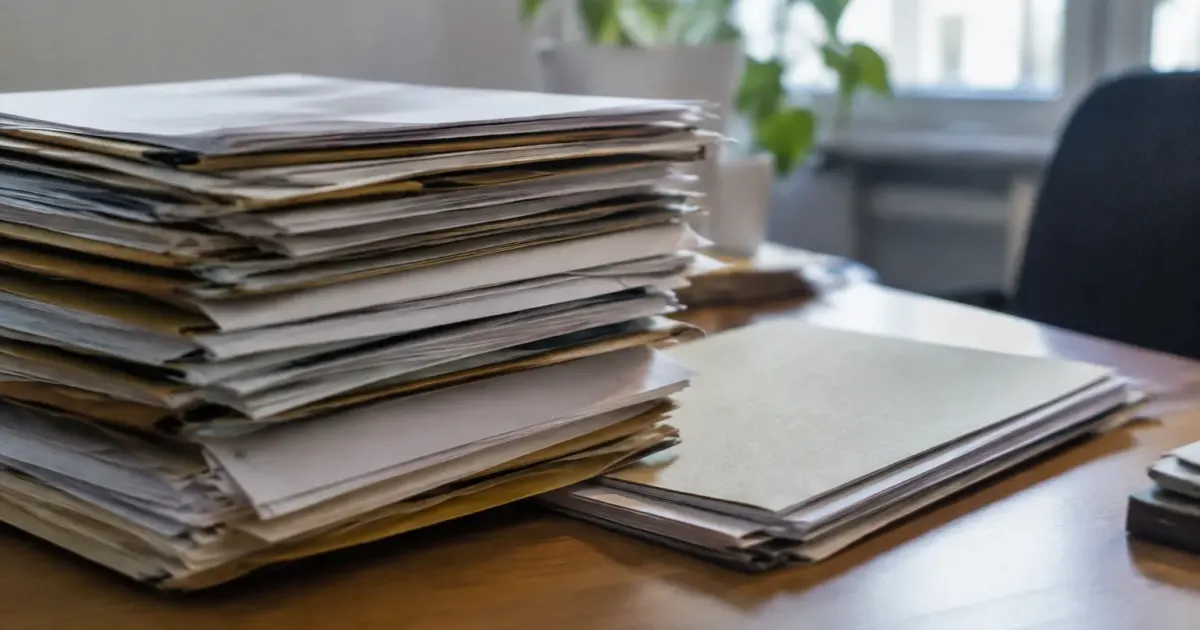 Documents juridiques empiles sur bureau rangement