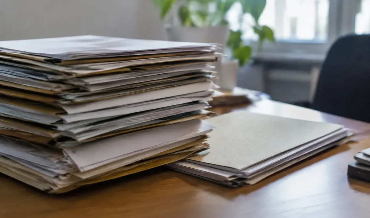 Documents juridiques empiles sur bureau rangement