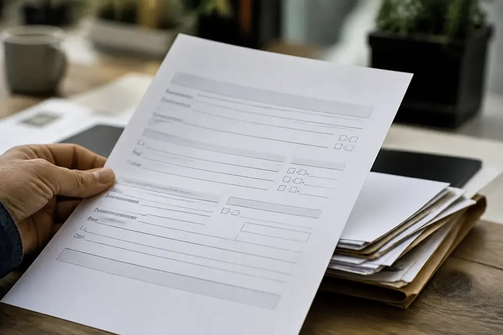 Formulaire papier avec clauses et champs blancs