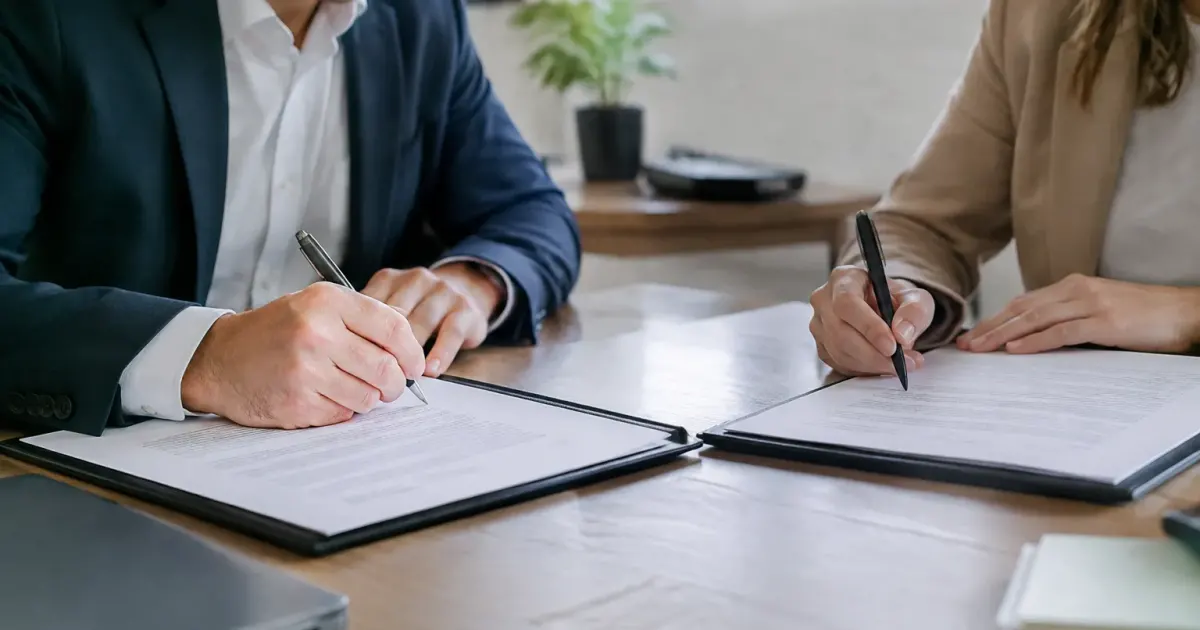 Mains signent contrat franchisage sur bureau