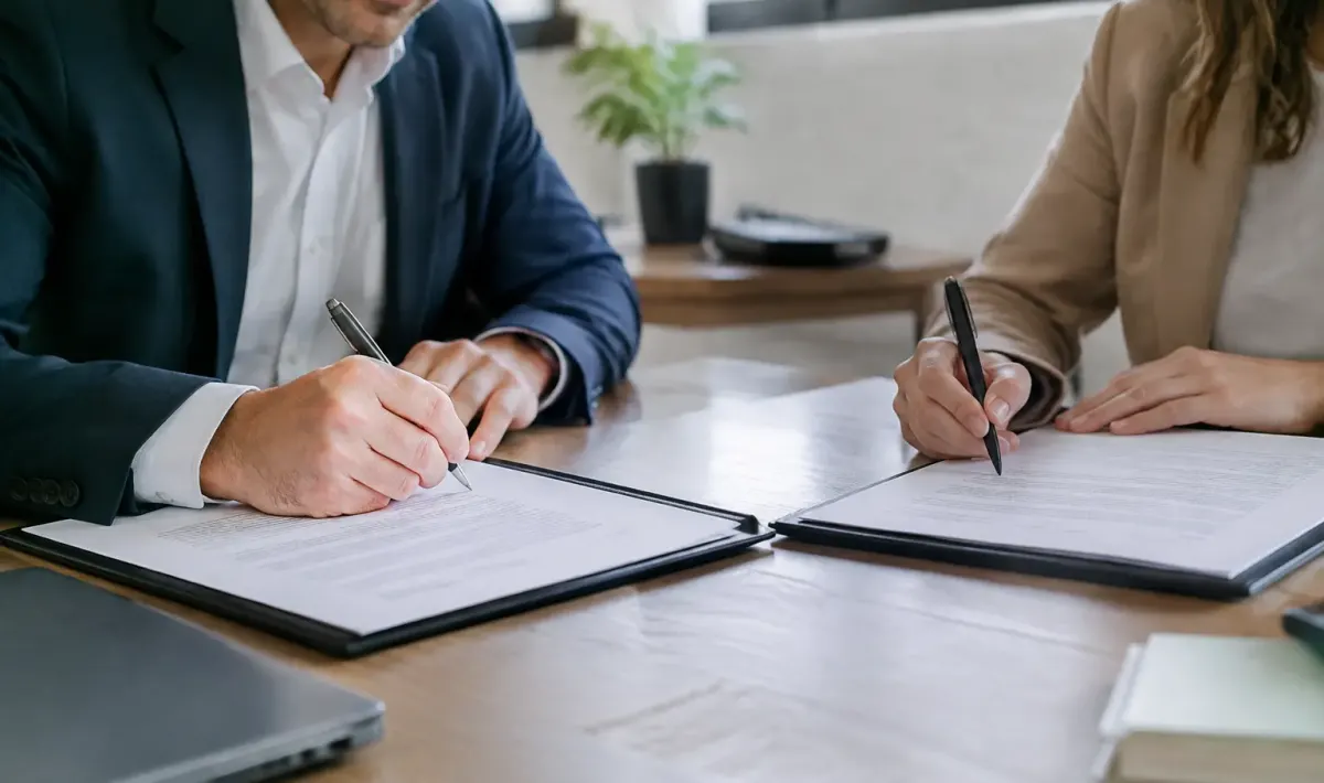 Mains signent contrat franchisage sur bureau