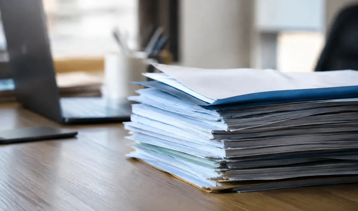 Documents d'assurance maladie empiles sur bureau d'entreprise
