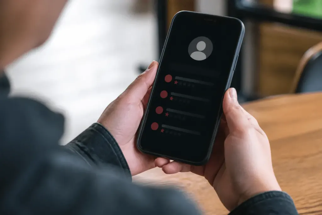 Smartphone affichant numero telephone suspect avec avis negatifs
