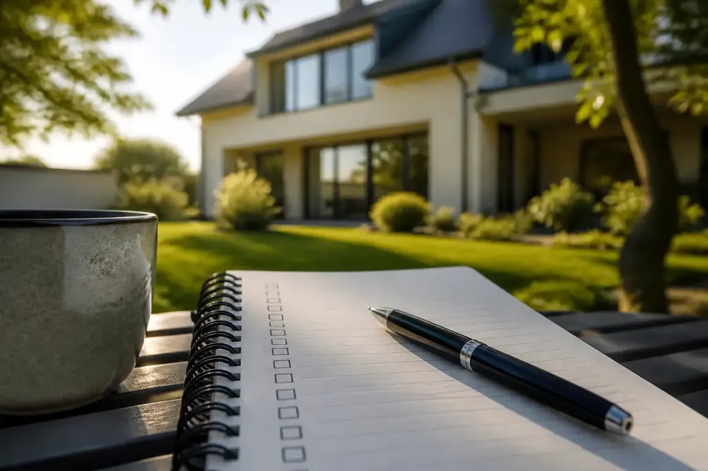 Acheteur cochant une liste sur carnet devant une maison
