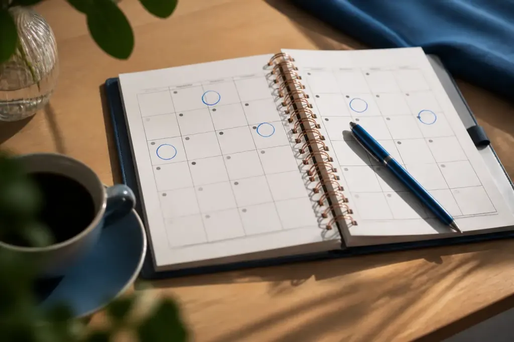 Agenda papier ouvert avec dates entourees au stylo bleu