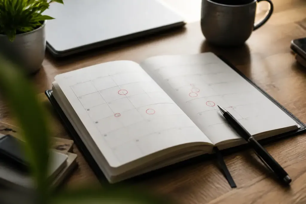 Agenda papier ouvert, dates entourees au stylo rouge