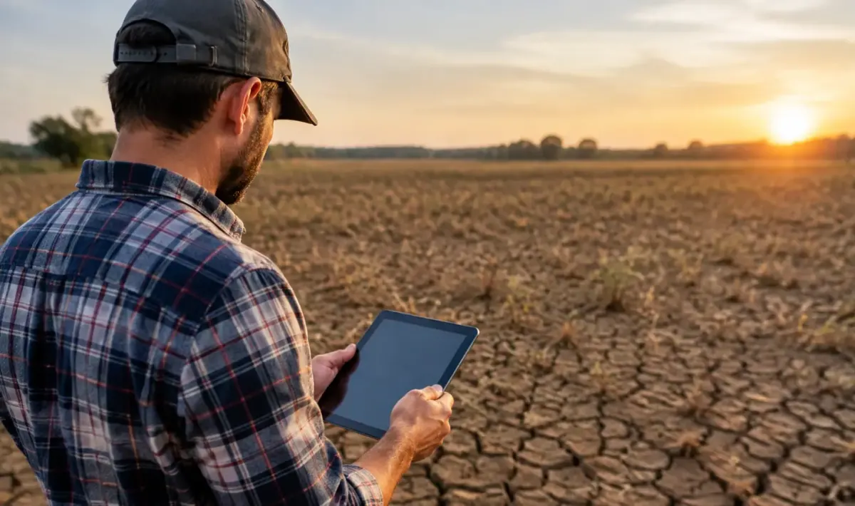 Agriculteur debout tient tablette devant champ sec craquele