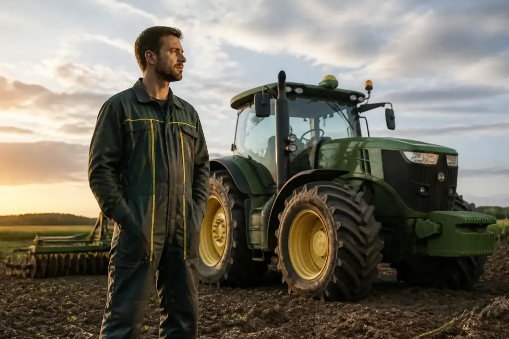 Agriculteur debout devant un tracteur vert dans un champ