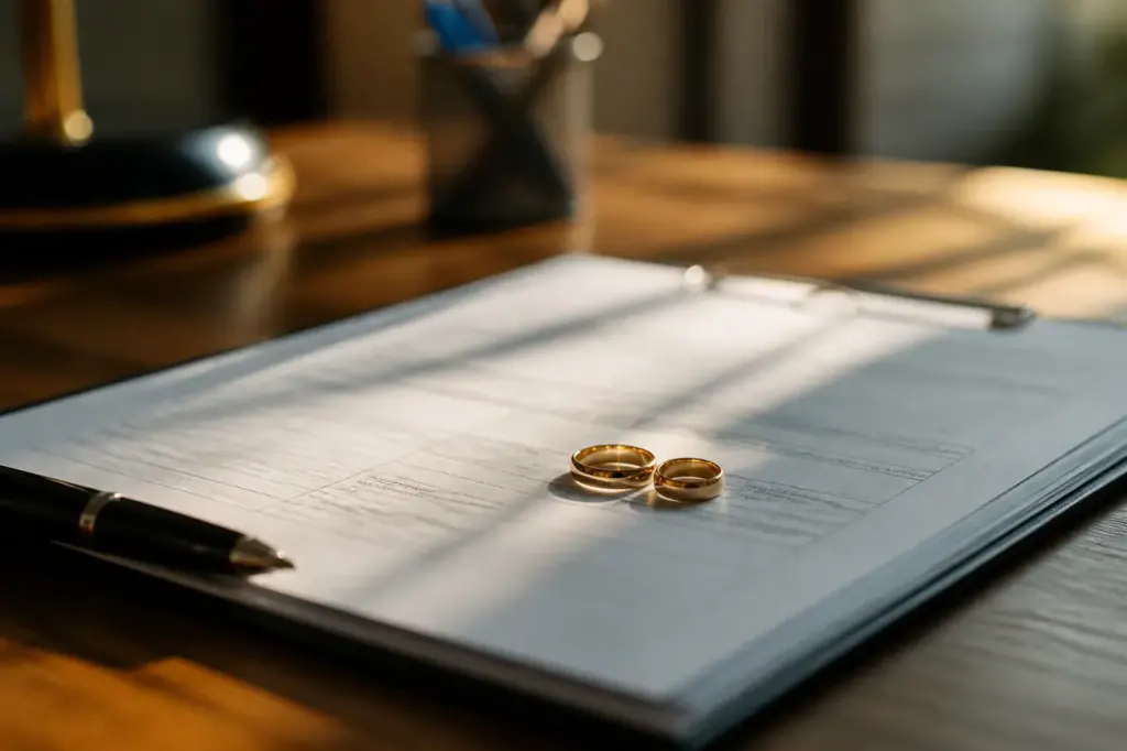 Alliances dorees posees sur un dossier administratif