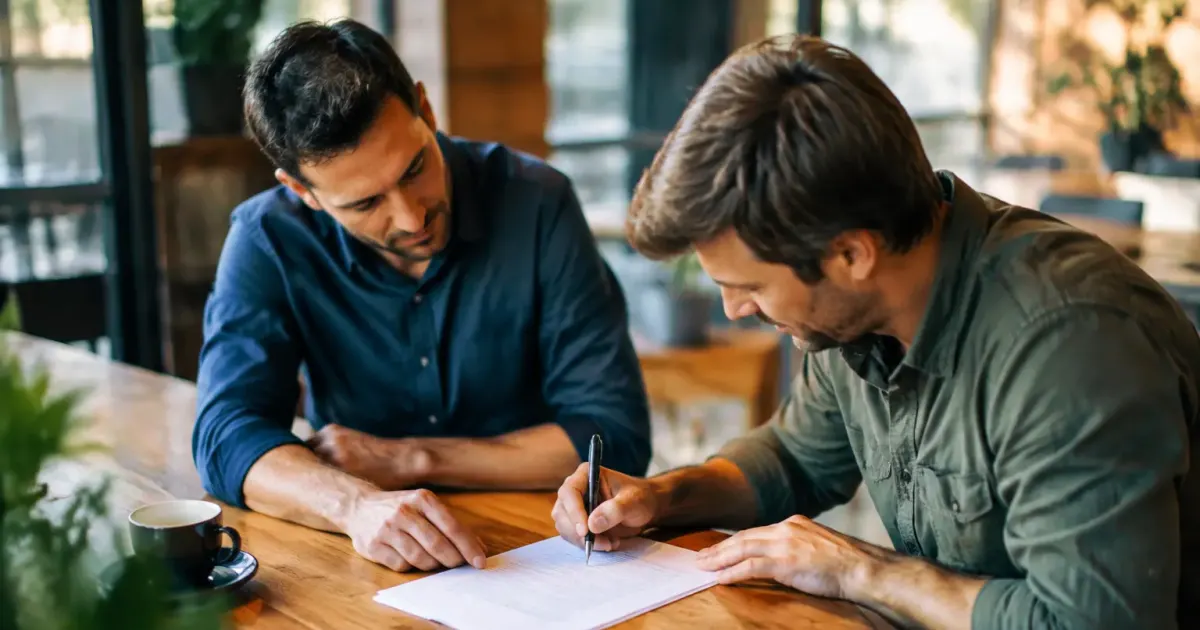 Deux amis assis au comptoir signent un contrat