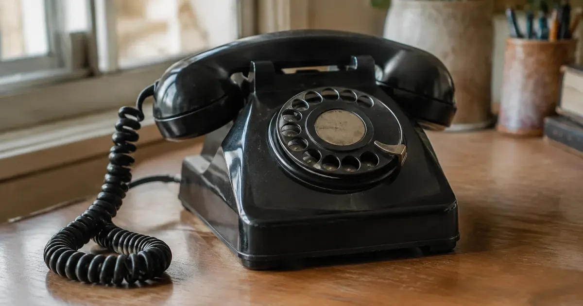 Ancien telephone filaire noir pose sur un bureau