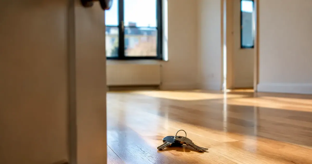 Appartement vide, cles posees sur parquet clair