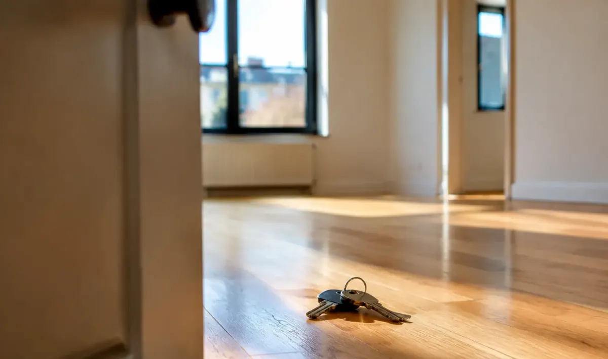 Appartement vide, cles posees sur parquet clair