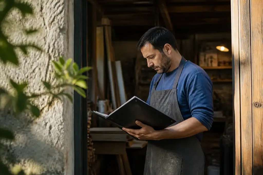 Artisan avec classeur de documents devant un atelier