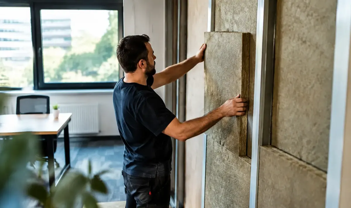 Artisan debout installant des panneaux isolants dans un bureau