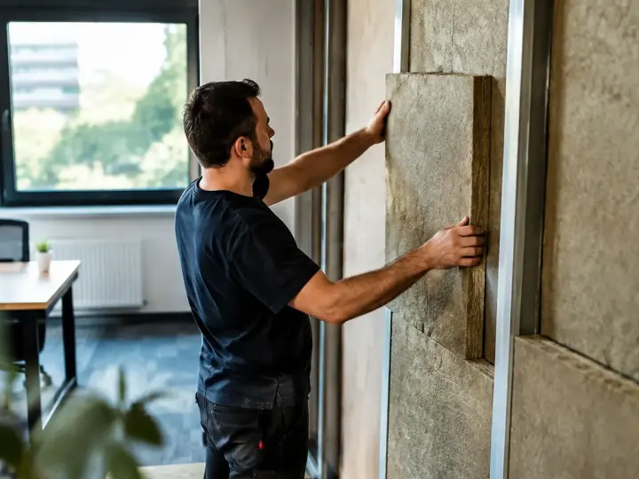 Artisan debout installant des panneaux isolants dans un bureau