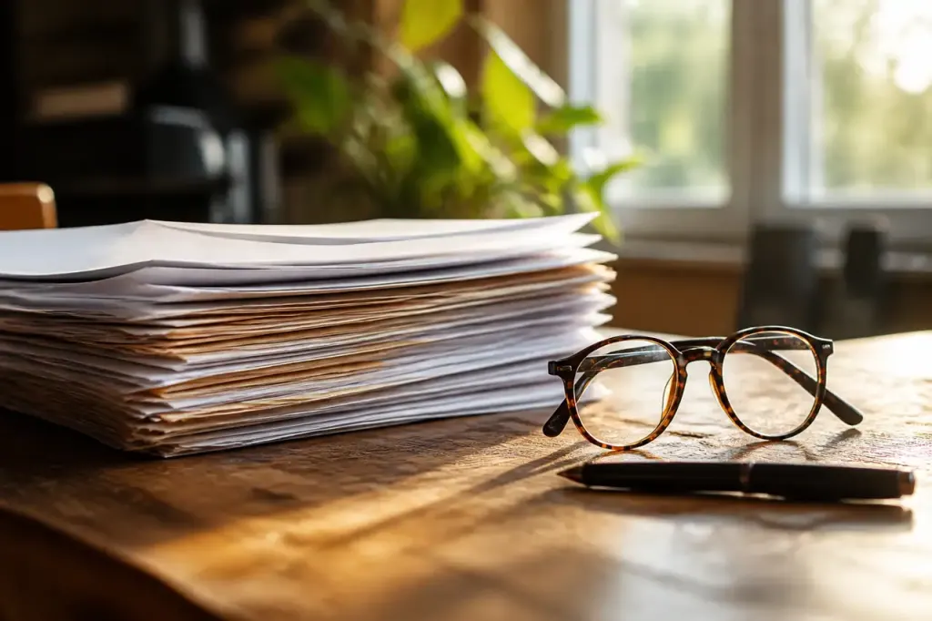 Bail papier, lunettes et stylo sur bureau en bois
