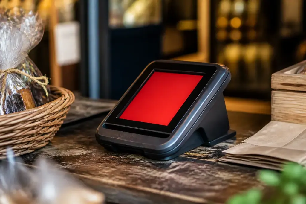 Boitier de paiement noir sur comptoir avec ecran rouge