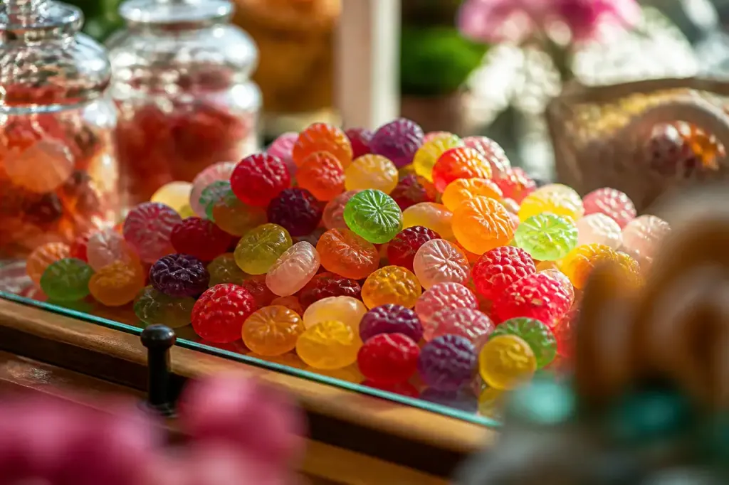 Bonbons colores en pile sur comptoir de magasin