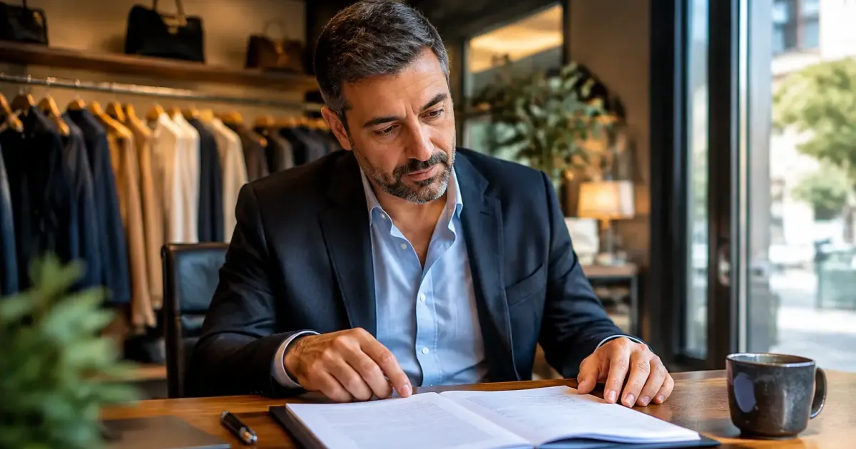 Boutique fermee, gerant assis devant un contrat ouvert