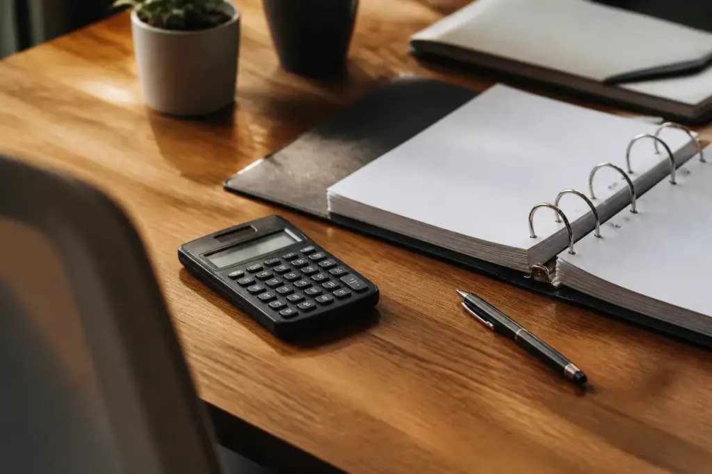 Bureau en bois avec calculatrice, stylo et classeur ouvert
