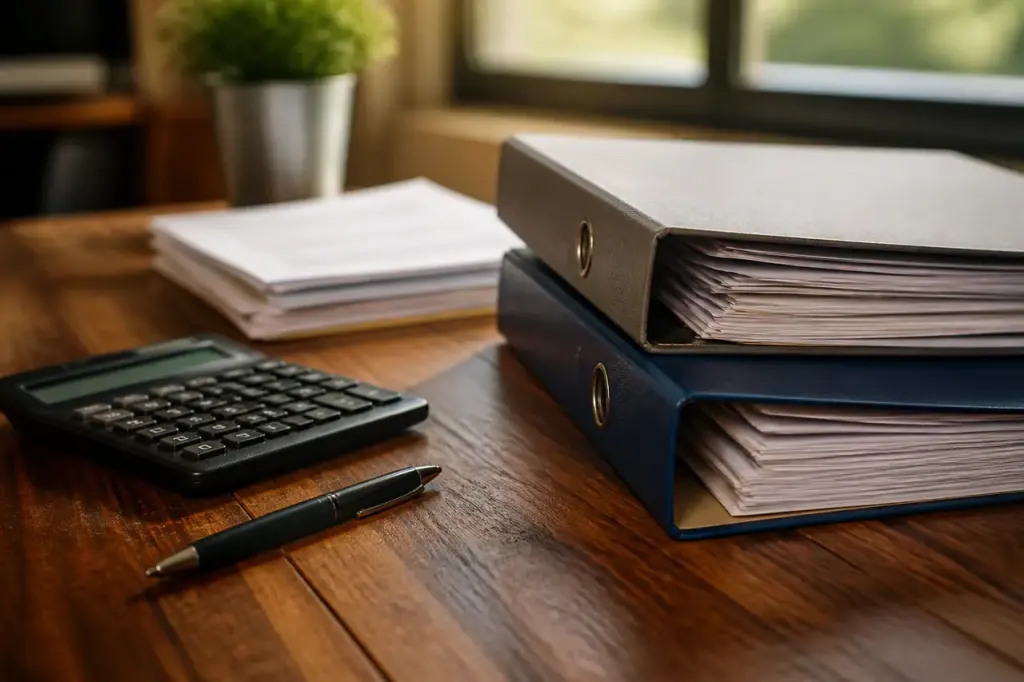 Bureau en bois avec classeurs, calculatrice et stylo