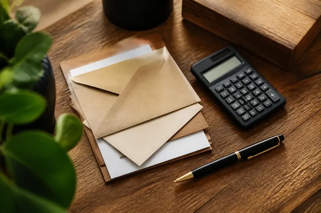 Bureau en bois avec enveloppes, calculatrice et stylo