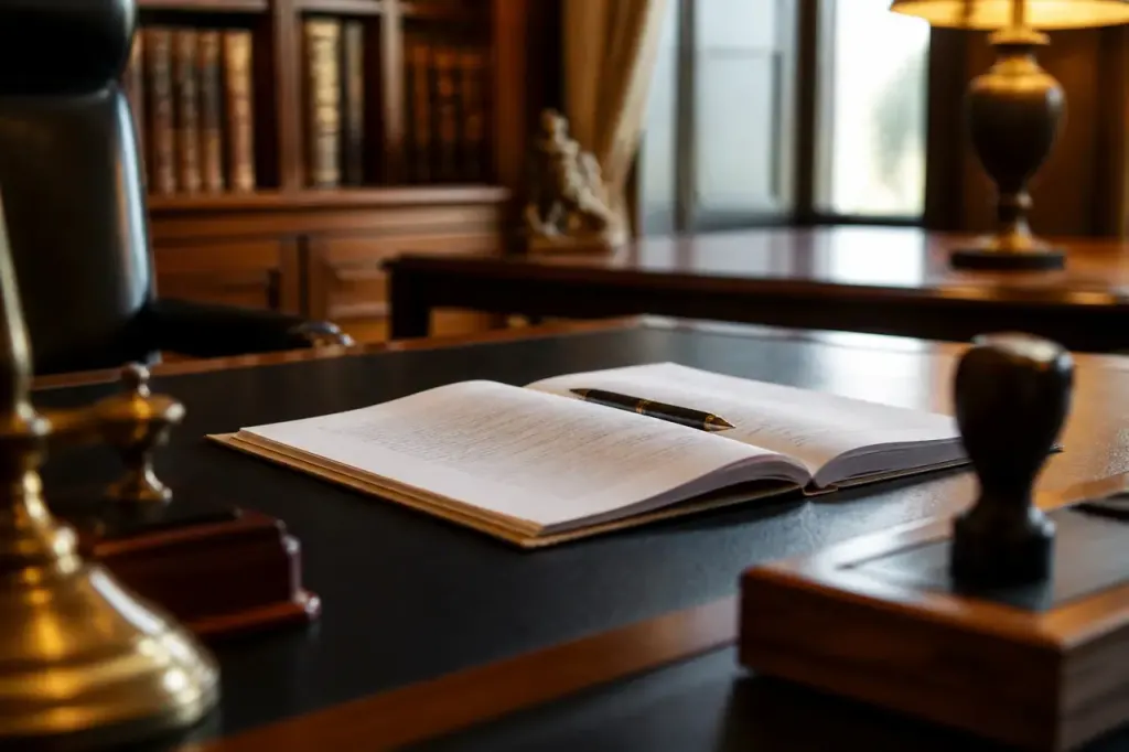 Bureau de notaire avec dossier ouvert et stylo