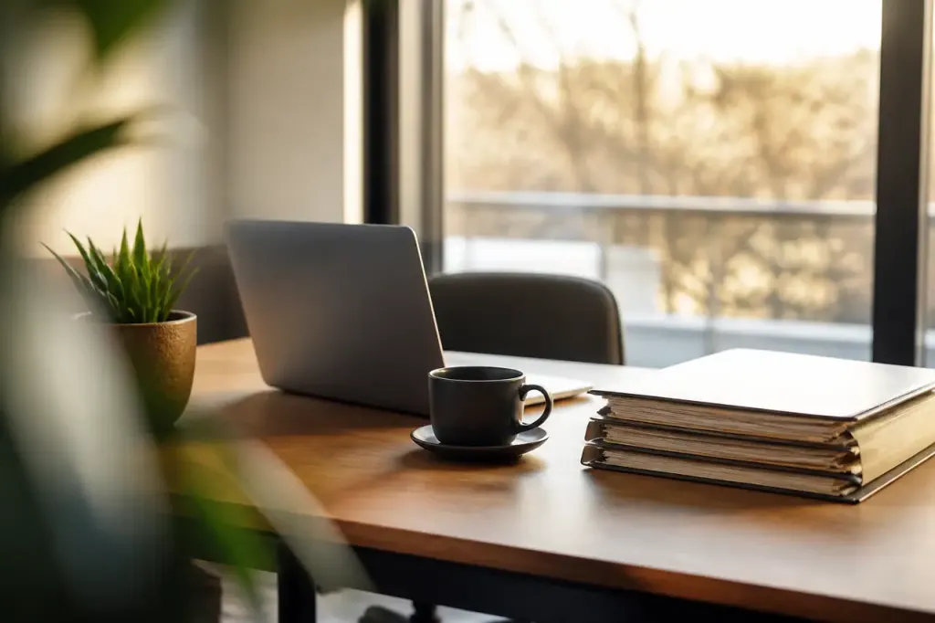 Bureau avec ordinateur portable, tasse de cafe et dossier