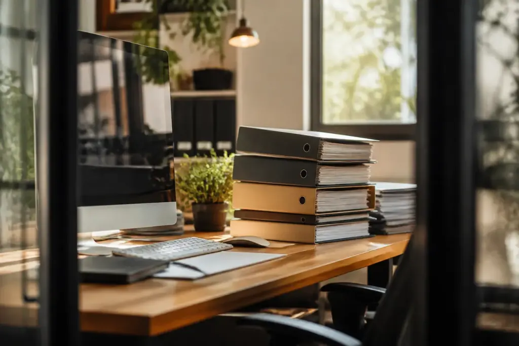 Bureau de petite entreprise avec ordinateur et classeurs empilés