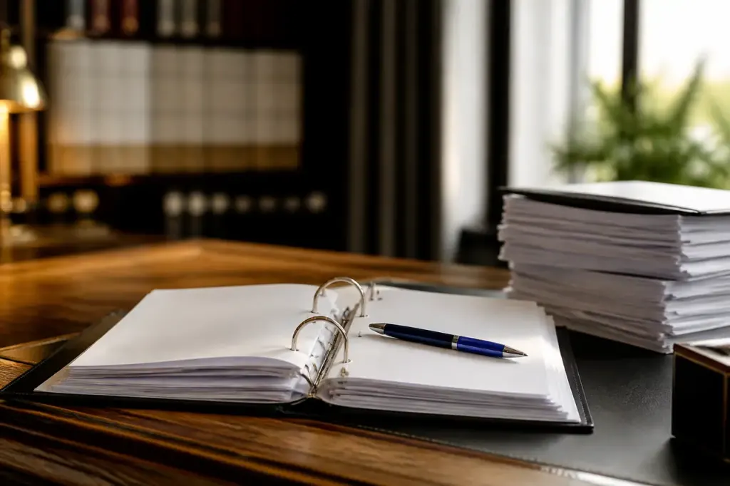 Bureau avec stylo bleu, classeur ouvert et contrats empiles