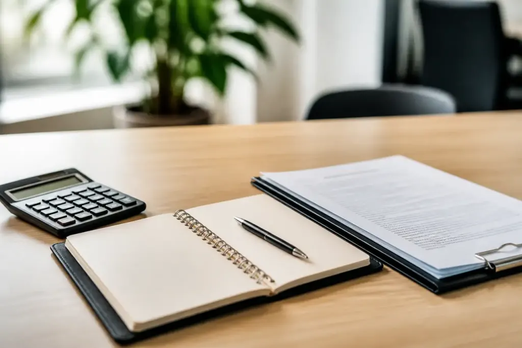Calculatrice, agenda et contrat poses sur un bureau clair