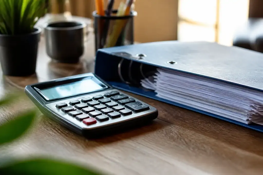 Calculatrice et classeur de factures sur bureau en bois