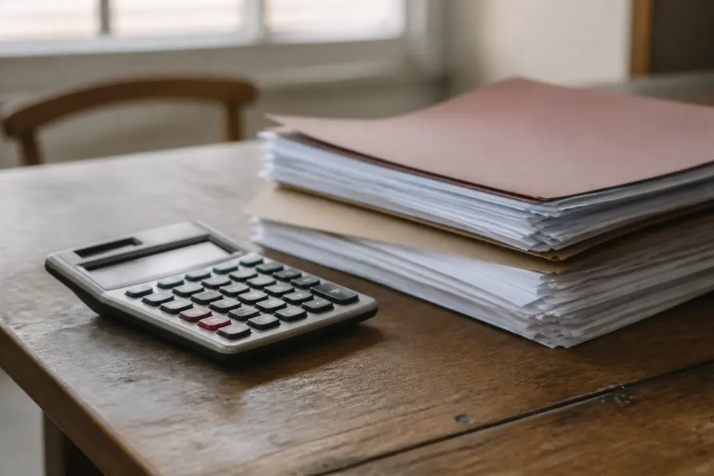 Calculatrice et dossiers poses sur un bureau en bois