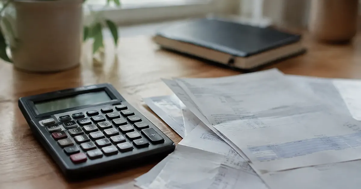 Une calculatrice et des factures posees sur un bureau