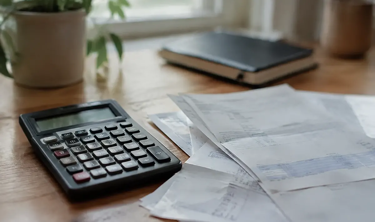 Une calculatrice et des factures posees sur un bureau