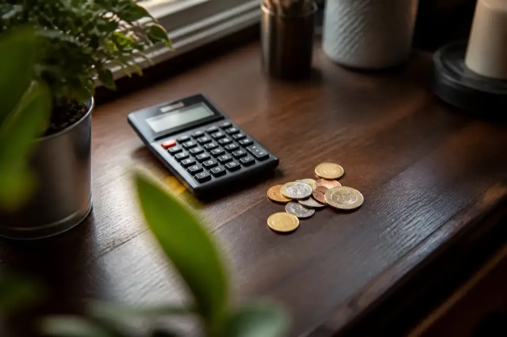 Calculatrice et piece de monnaie posees sur un bureau