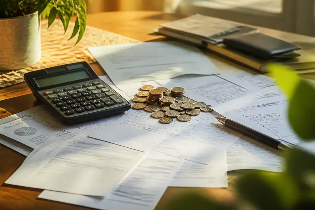 Calculatrice, pièces et factures posées sur un bureau
