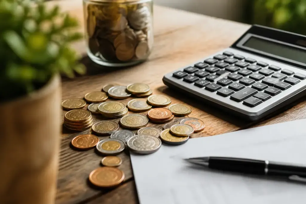 Calculatrice et pieces de monnaie sur un bureau
