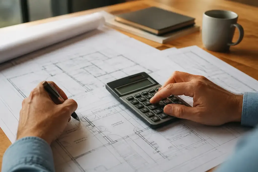 Calculatrice et plans de maison sur un bureau