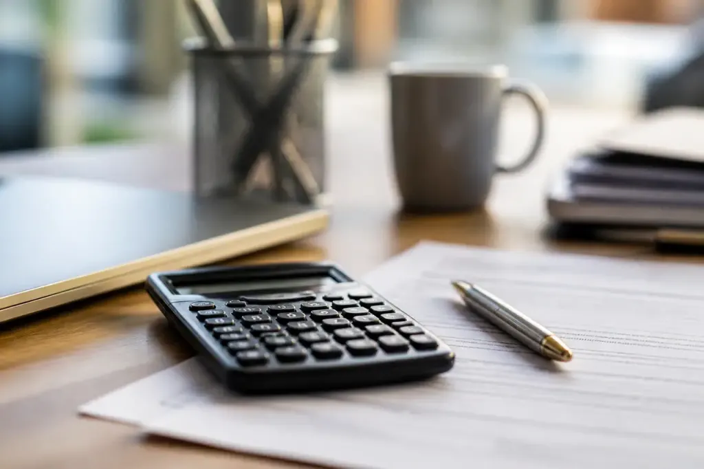 Calculatrice stylo et avis fiscal poses sur un bureau