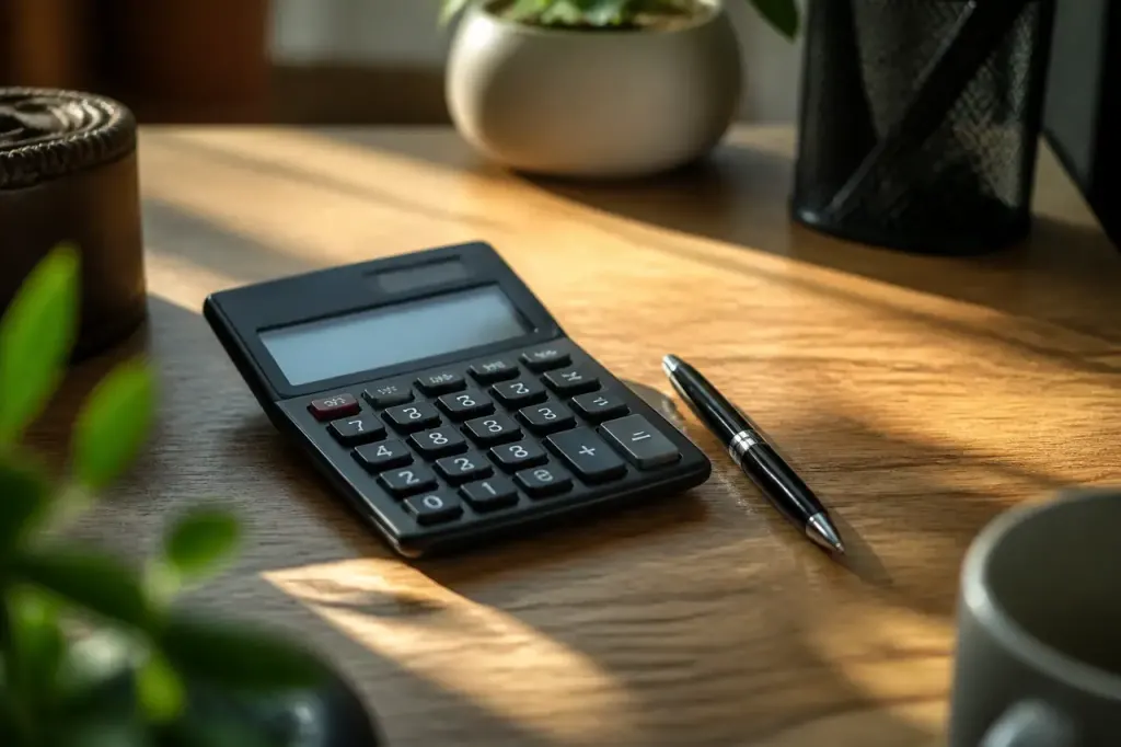 Calculatrice et stylo sur un bureau en bois