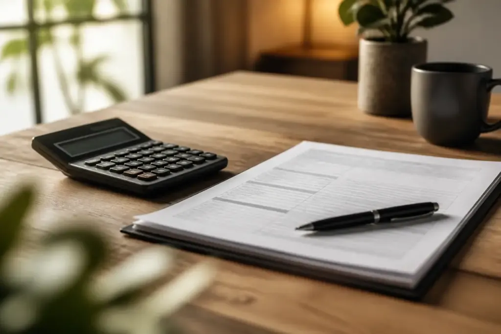 Calculatrice et stylo poses sur un formulaire papier