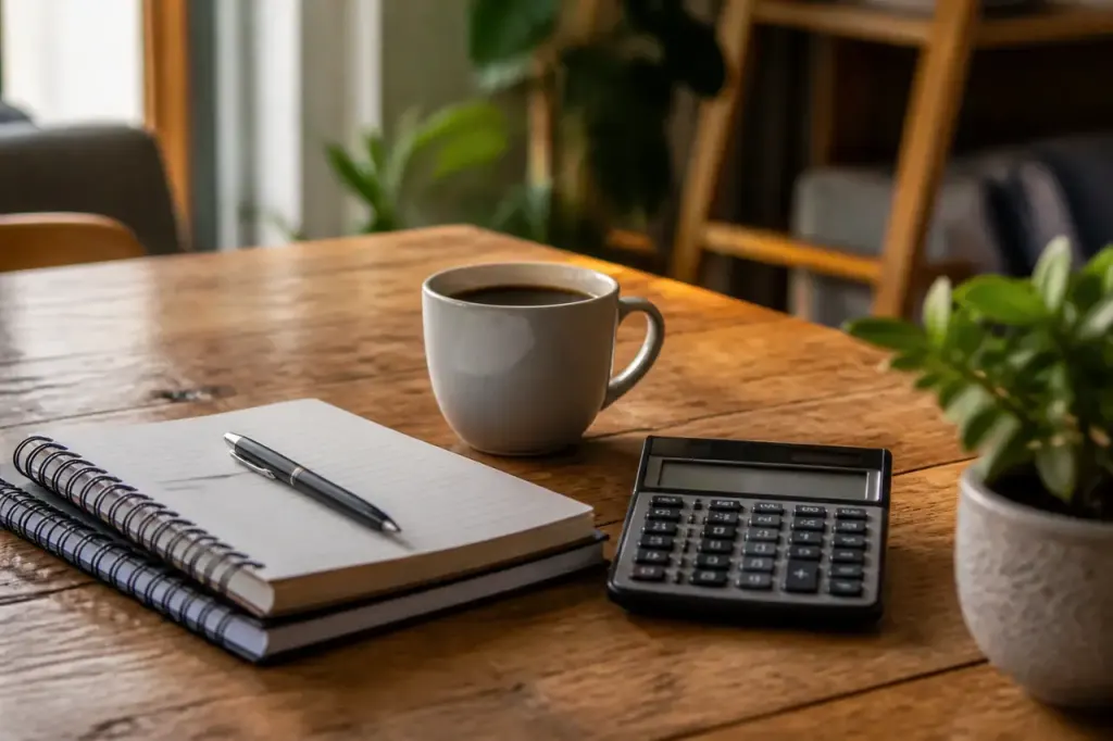 Calculette, carnet et tasse de cafe sur un bureau