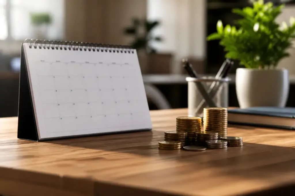 Calendrier de bureau et pile de pieces sur table